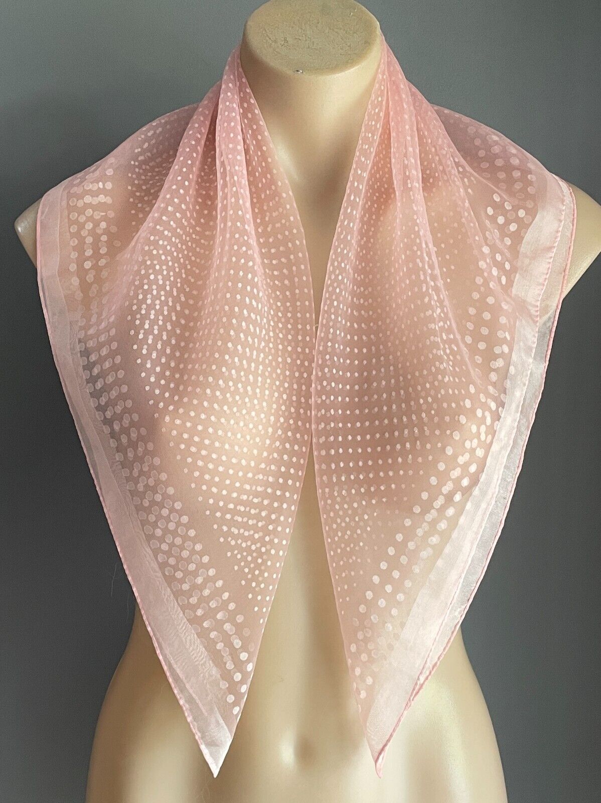 Vintage Nylon Neck SCARF Baby Pink Polka Dot Semi Sheer Square Japan