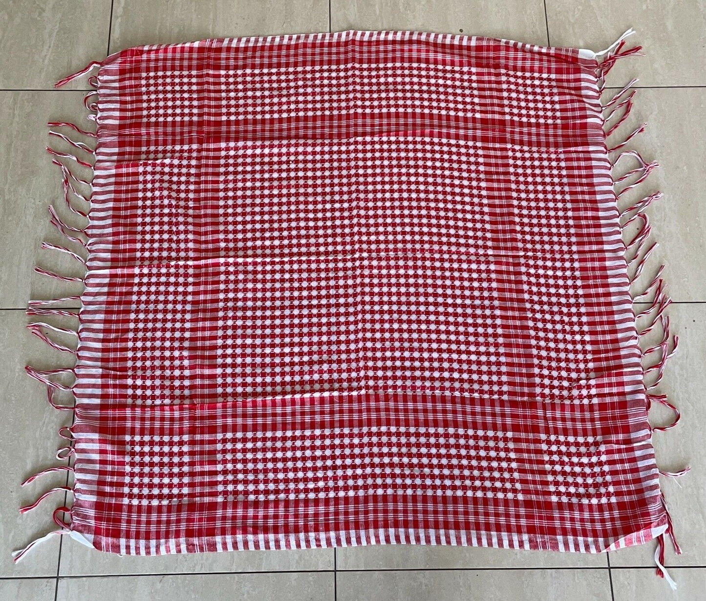 Square Neck SCARF Fringed Red White Check Circle Print Cotton 100x102cm NEW