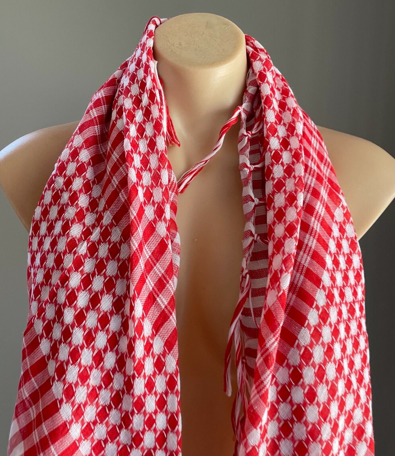 Square Neck SCARF Fringed Red White Check Circle Print Cotton 100x102cm NEW