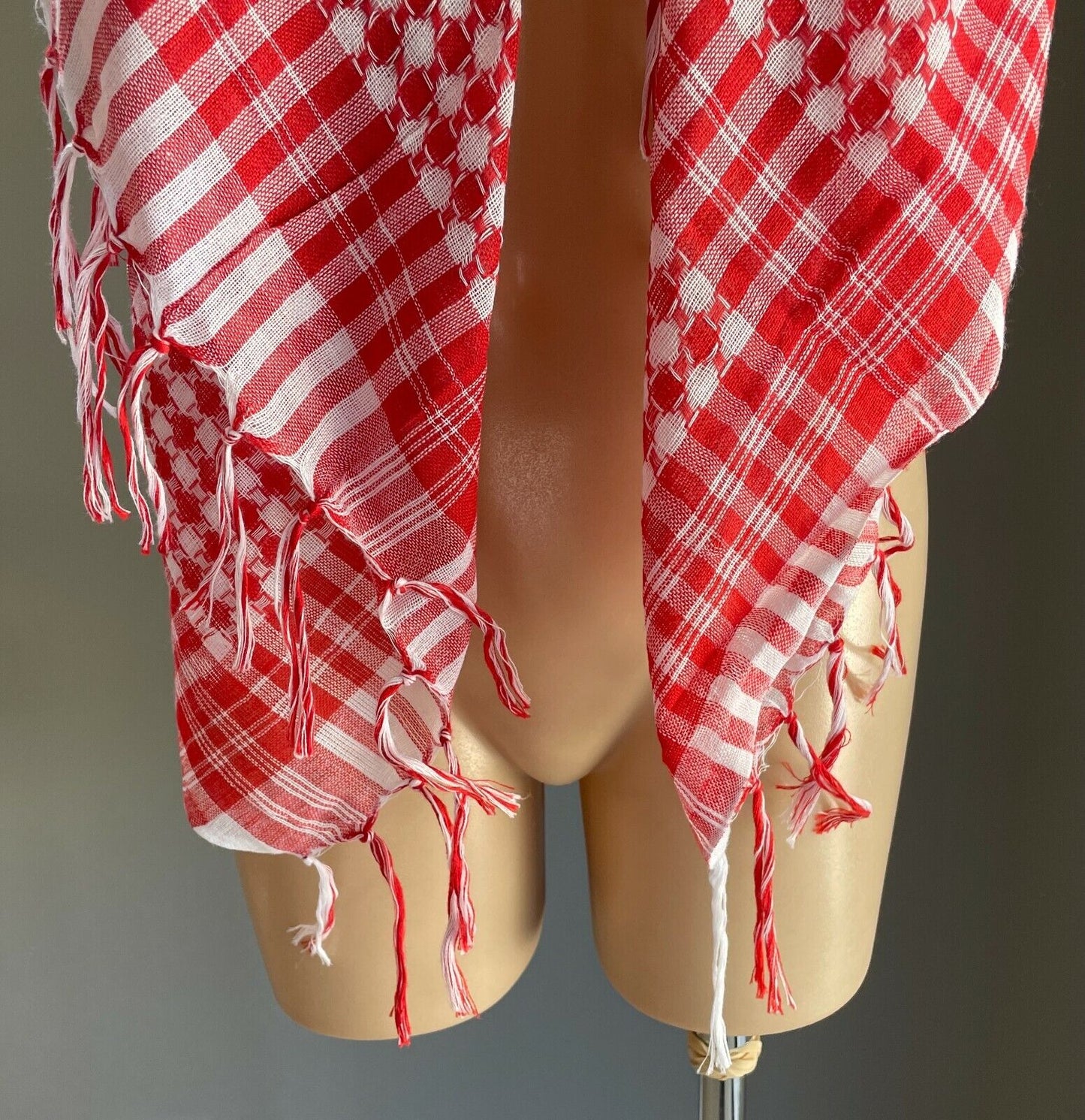 Square Neck SCARF Fringed Red White Check Circle Print Cotton 100x102cm NEW