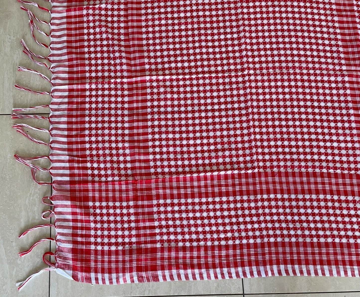 Square Neck SCARF Fringed Red White Check Circle Print Cotton 100x102cm NEW