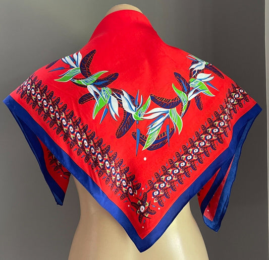 75cm Square Neck Scarf LE SHALE Bird of Paradise Bright Vibrant Print Vintage