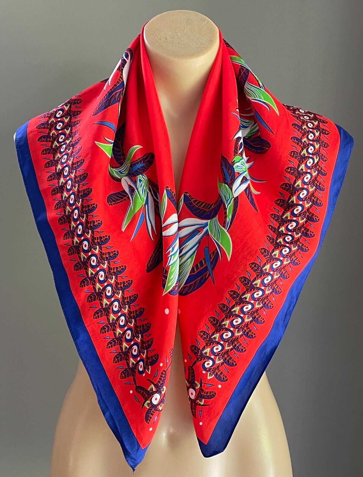 75cm Square Neck Scarf LE SHALE Bird of Paradise Bright Vibrant Print Vintage