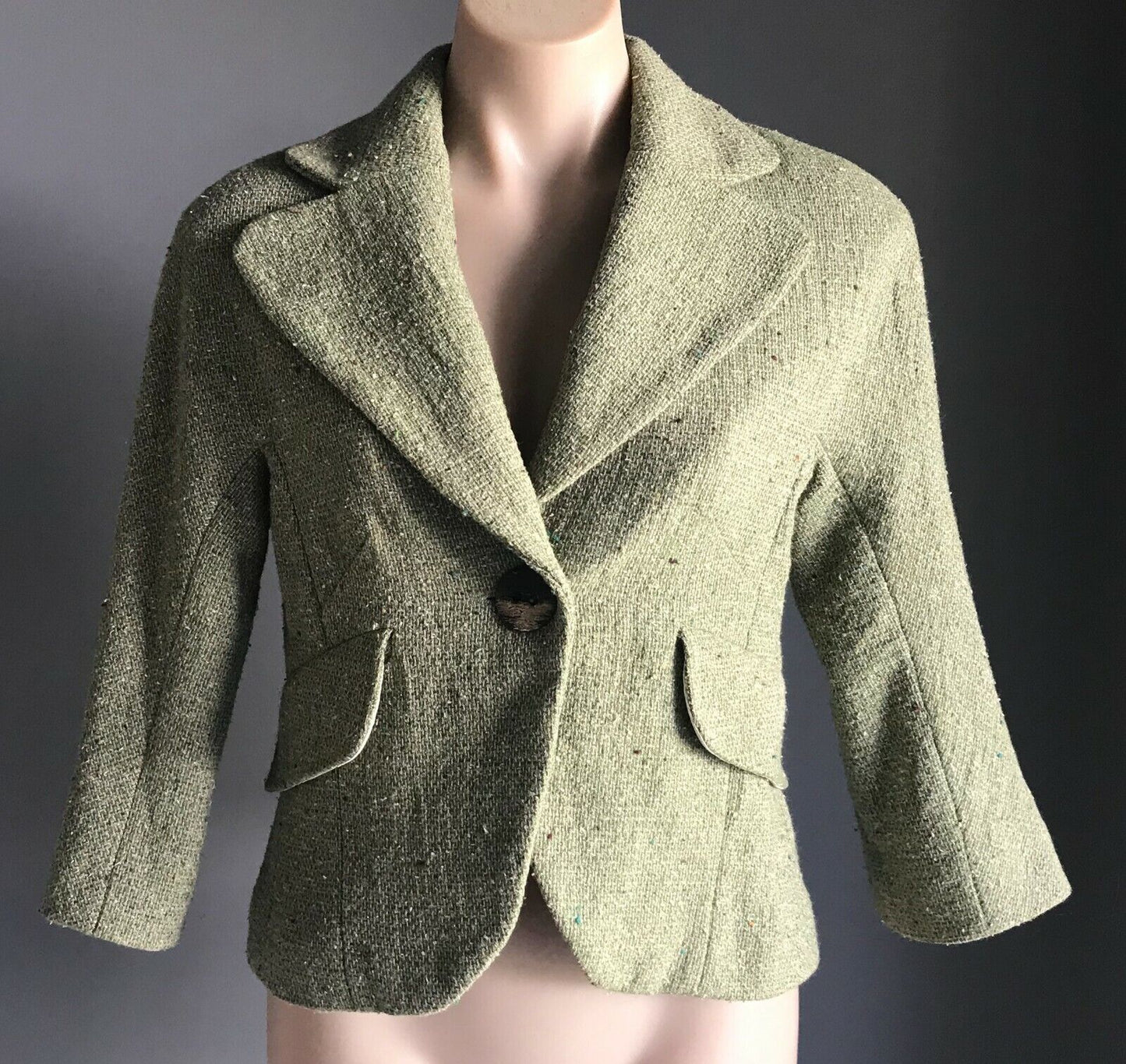 VERONIKA MAINE Jacket Light Green Tweed Fabric 3/4 Sleeve Tailored Coat Sz S 10