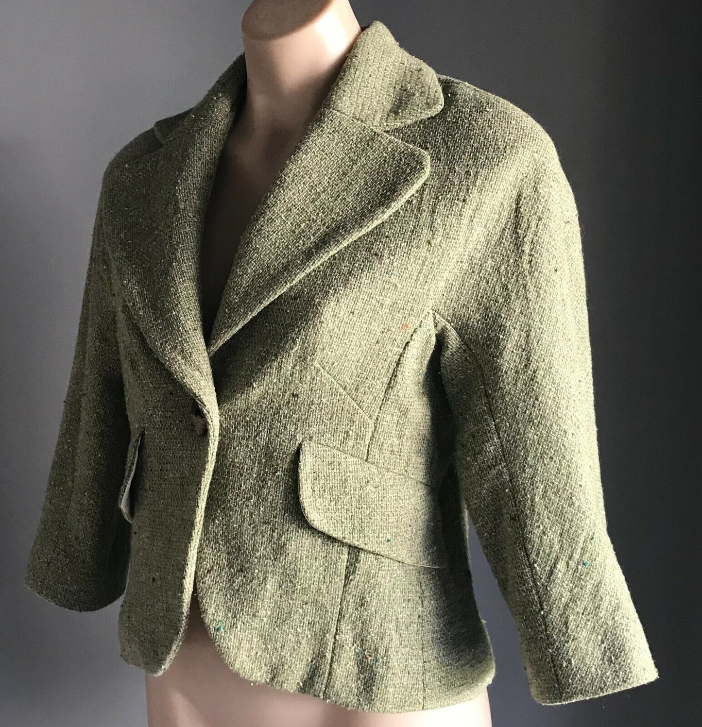 VERONIKA MAINE Jacket Light Green Tweed Fabric 3/4 Sleeve Tailored Coat Sz S 10