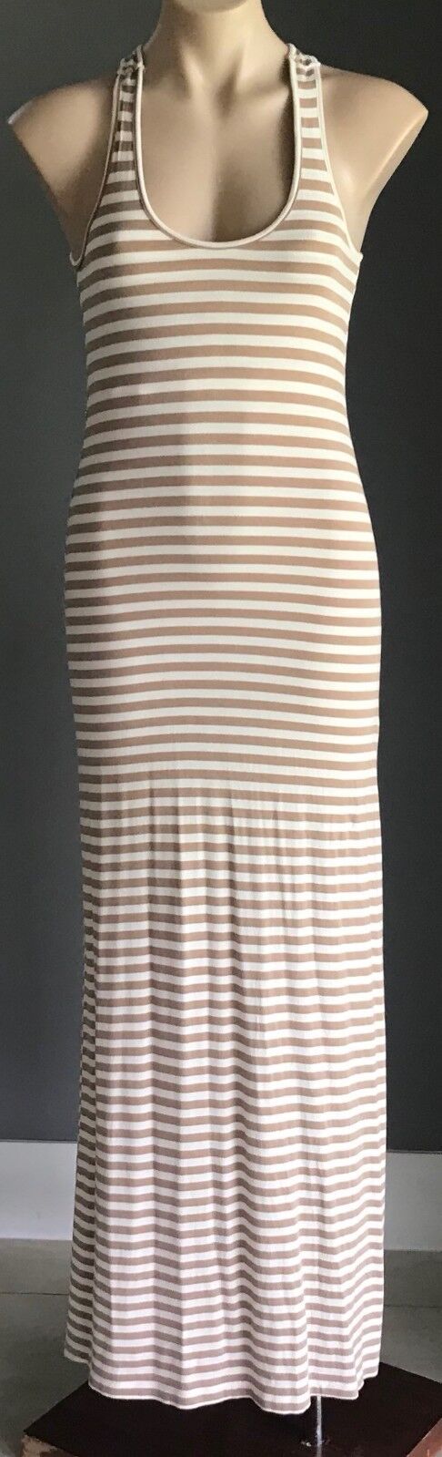 Maxi Dress BARKINS White & Brown Stripe Sleeveless Stretch Size XS 8 10