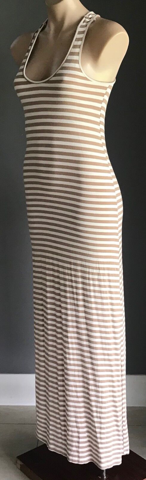 Maxi Dress BARKINS White & Brown Stripe Sleeveless Stretch Size XS 8 10