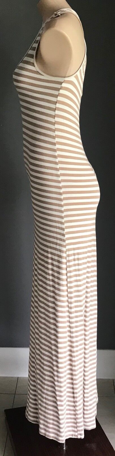 Maxi Dress BARKINS White & Brown Stripe Sleeveless Stretch Size XS 8 10