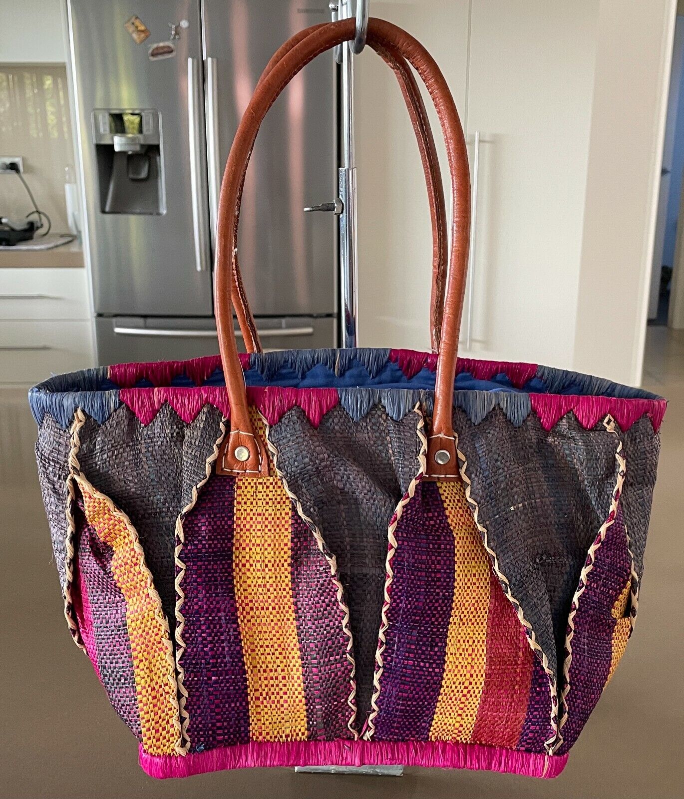 Tote Shopper Bag MultiColoured Bright Colourful Woven Rattan Solid Medium Size