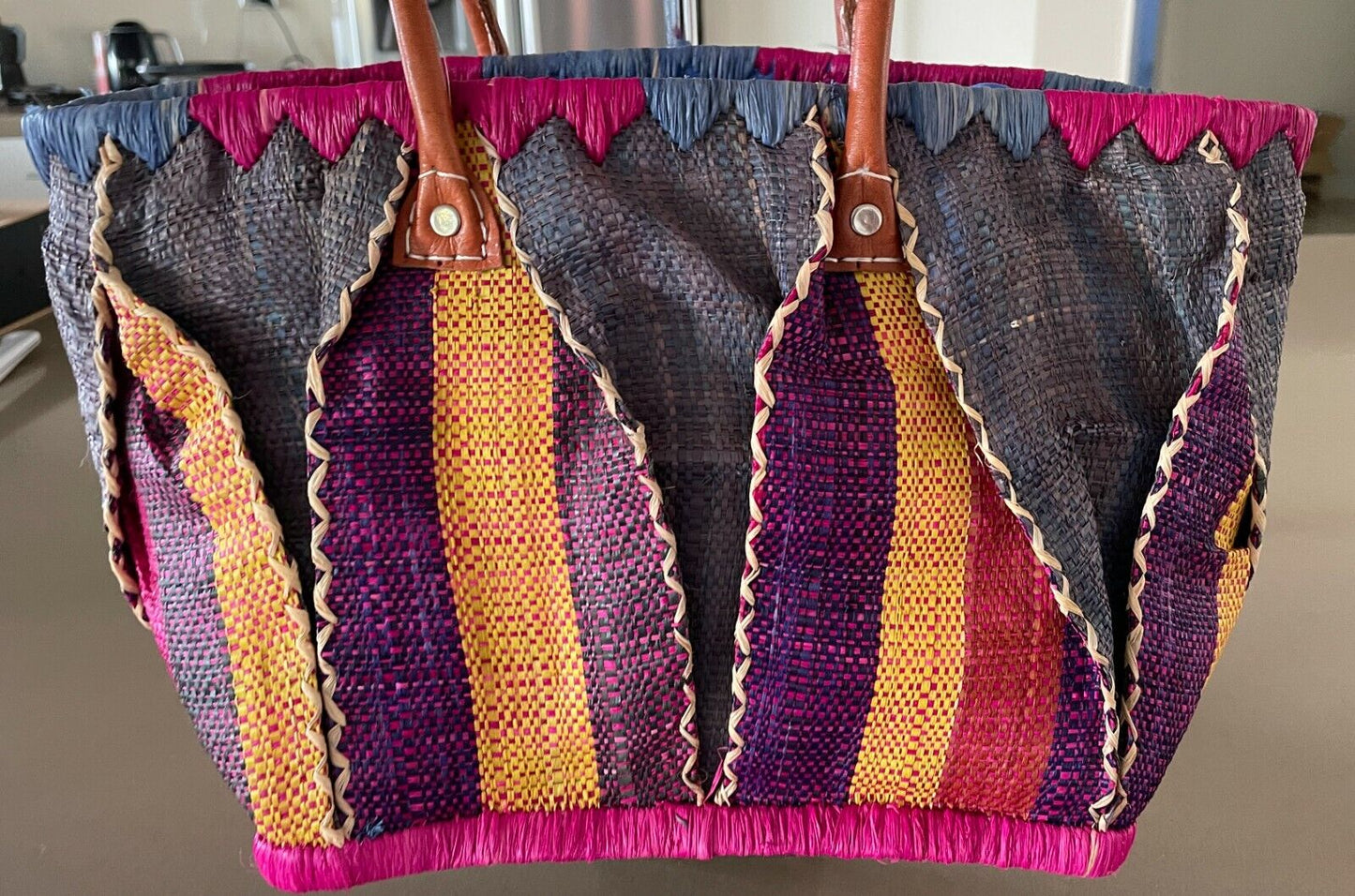 Tote Shopper Bag MultiColoured Bright Colourful Woven Rattan Solid Medium Size
