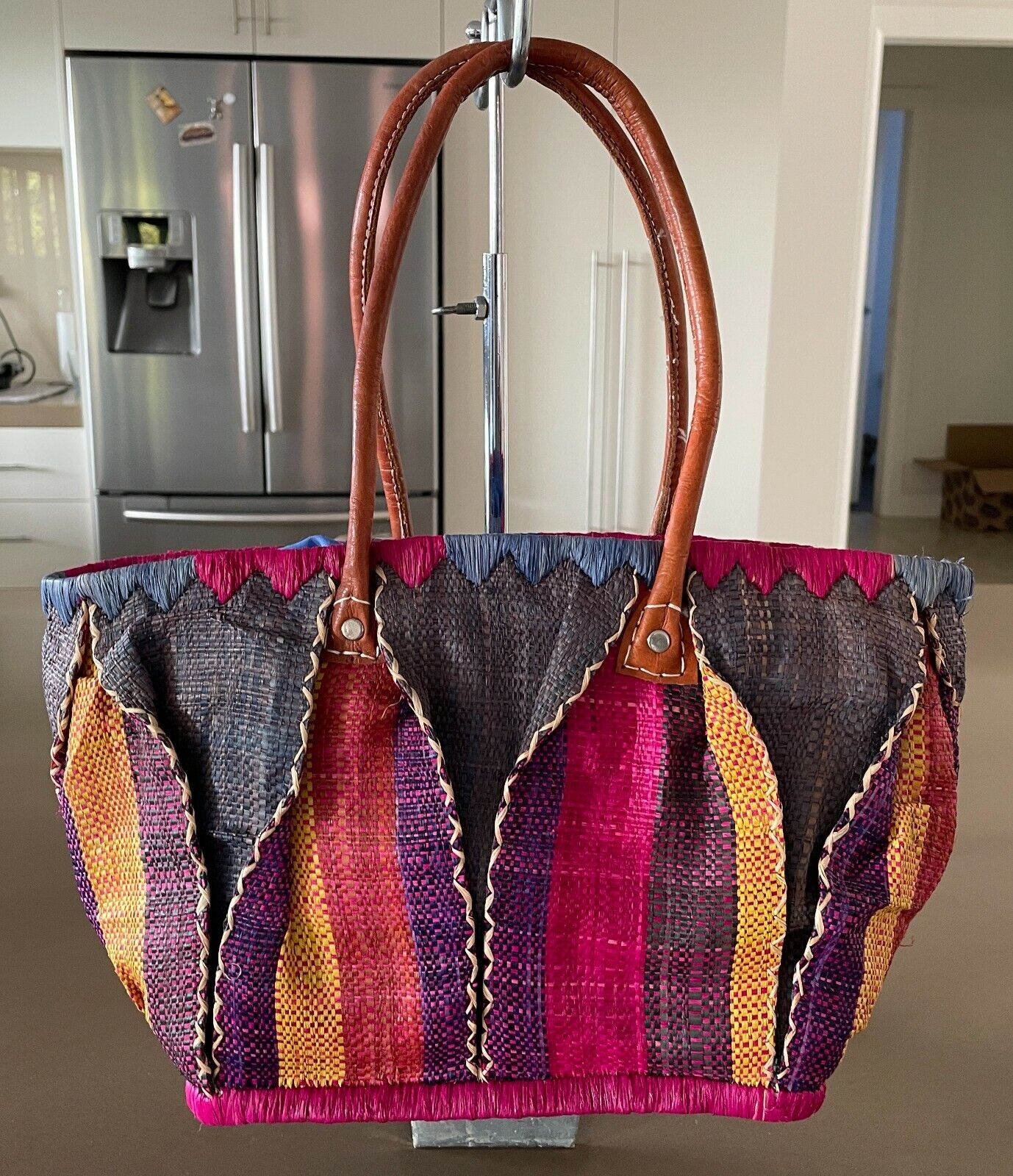Tote Shopper Bag MultiColoured Bright Colourful Woven Rattan Solid Medium Size