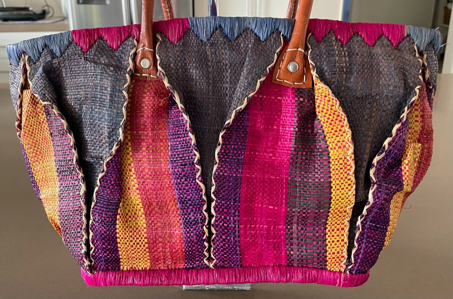 Tote Shopper Bag MultiColoured Bright Colourful Woven Rattan Solid Medium Size