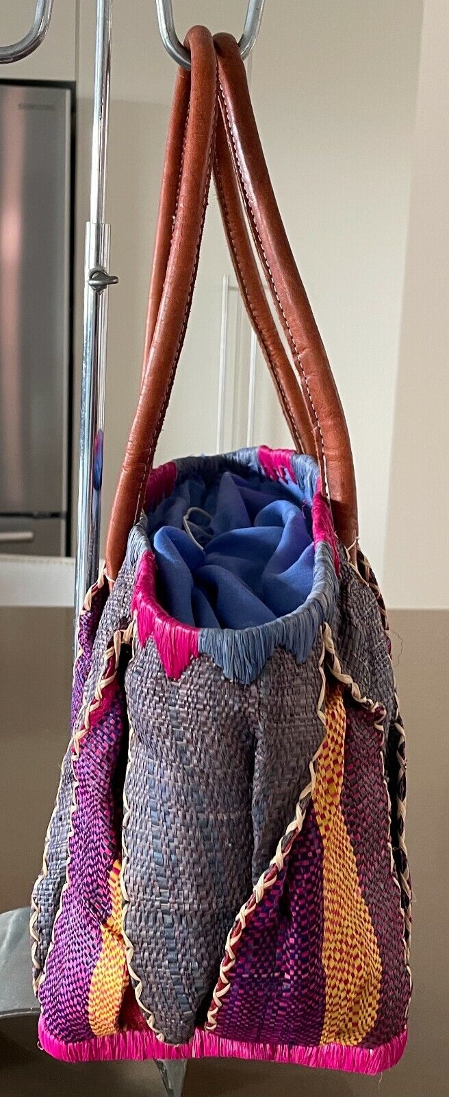 Tote Shopper Bag MultiColoured Bright Colourful Woven Rattan Solid Medium Size