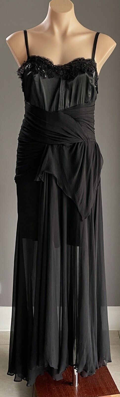 MAXI DRESS Mermaid Gown Black Bead Trim Sleeveless Drape Size 14 AU 12  Vintage