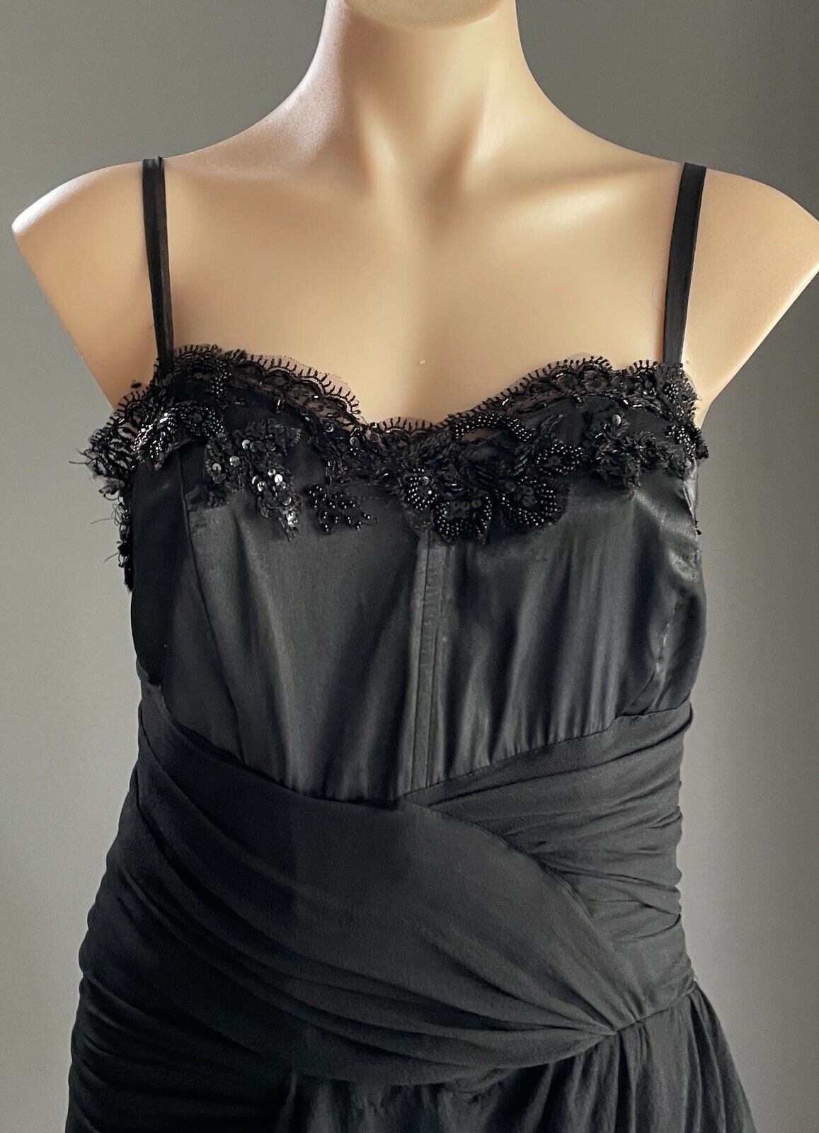 MAXI DRESS Mermaid Gown Black Bead Trim Sleeveless Drape Size 14 AU 12  Vintage