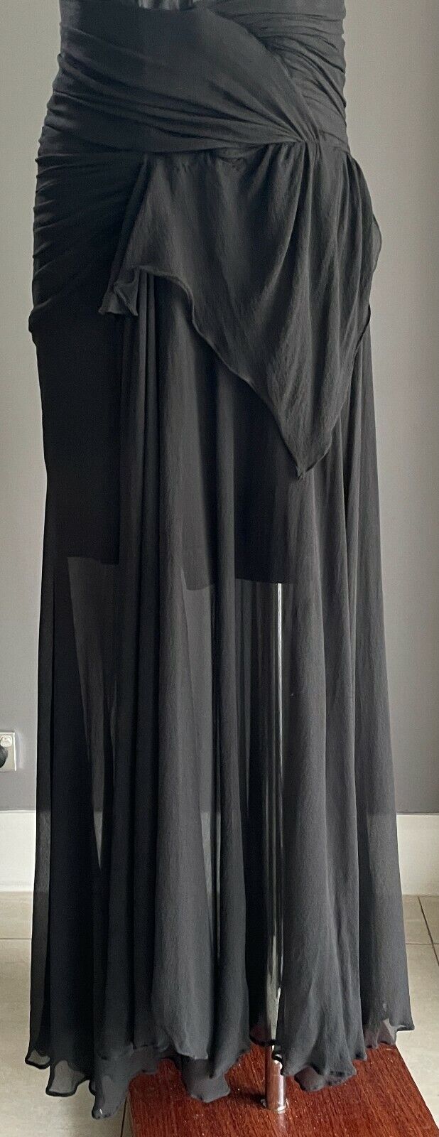 MAXI DRESS Mermaid Gown Black Bead Trim Sleeveless Drape Size 14 AU 12  Vintage