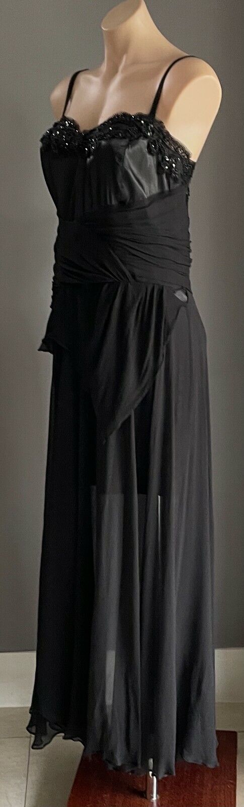 MAXI DRESS Mermaid Gown Black Bead Trim Sleeveless Drape Size 14 AU 12  Vintage