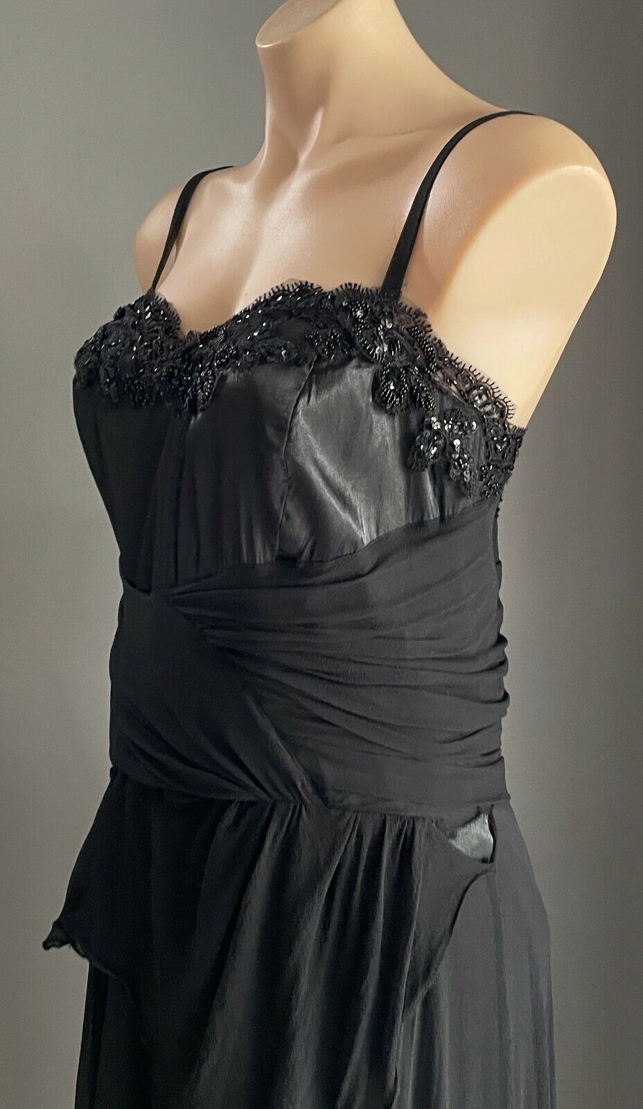 MAXI DRESS Mermaid Gown Black Bead Trim Sleeveless Drape Size 14 AU 12  Vintage