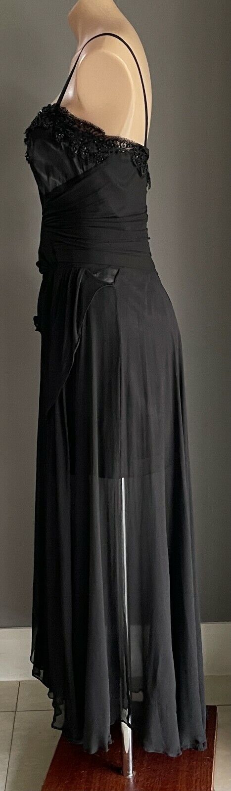 MAXI DRESS Mermaid Gown Black Bead Trim Sleeveless Drape Size 14 AU 12  Vintage