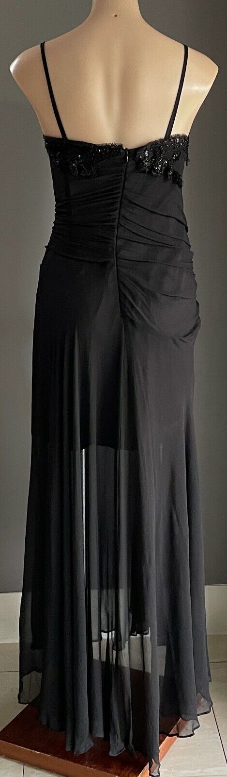 MAXI DRESS Mermaid Gown Black Bead Trim Sleeveless Drape Size 14 AU 12  Vintage