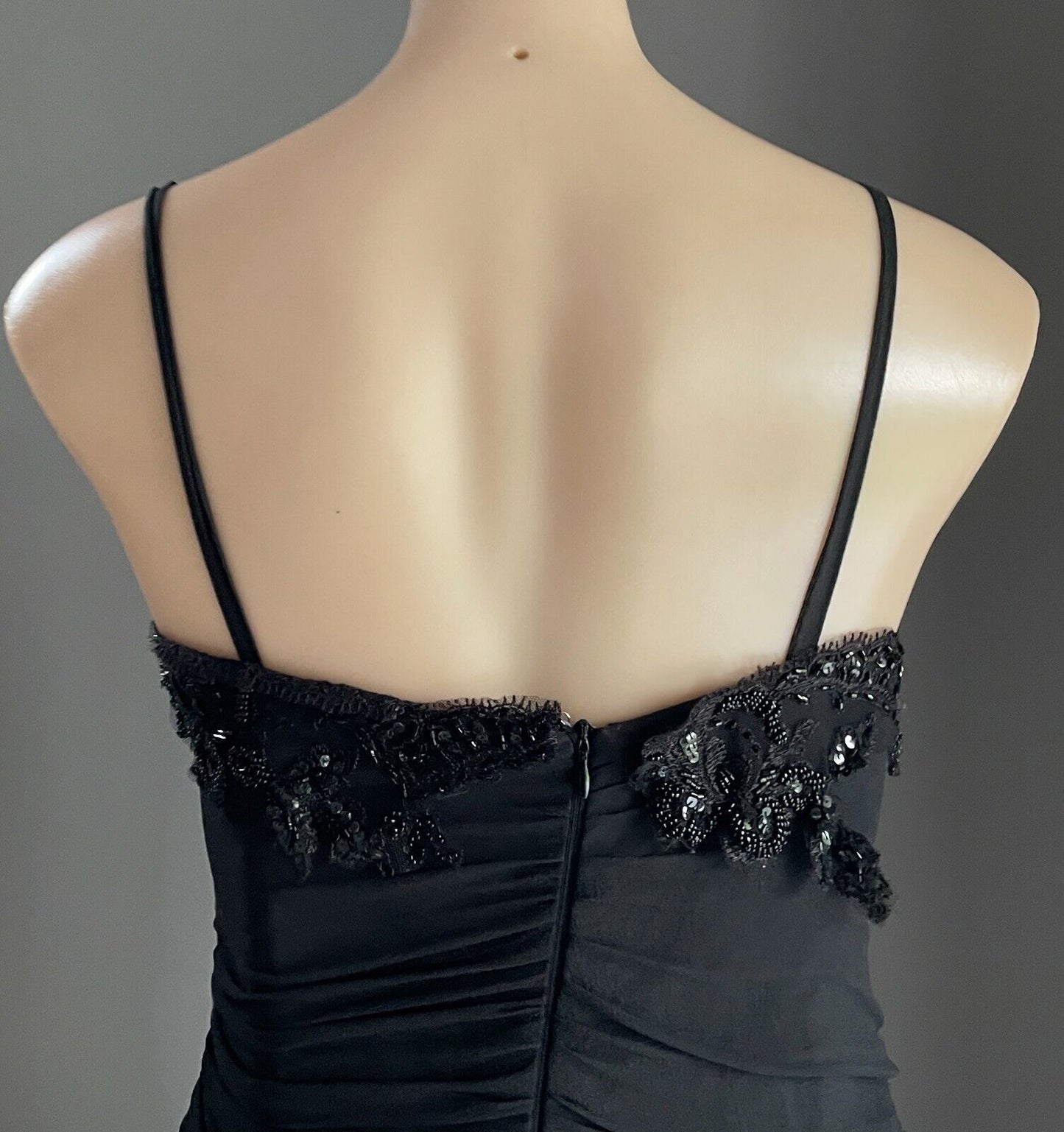 MAXI DRESS Mermaid Gown Black Bead Trim Sleeveless Drape Size 14 AU 12  Vintage