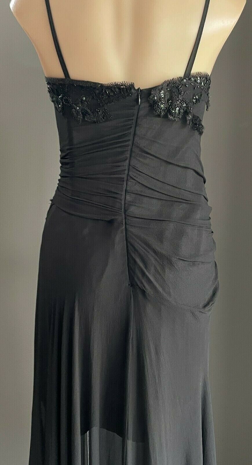 MAXI DRESS Mermaid Gown Black Bead Trim Sleeveless Drape Size 14 AU 12  Vintage