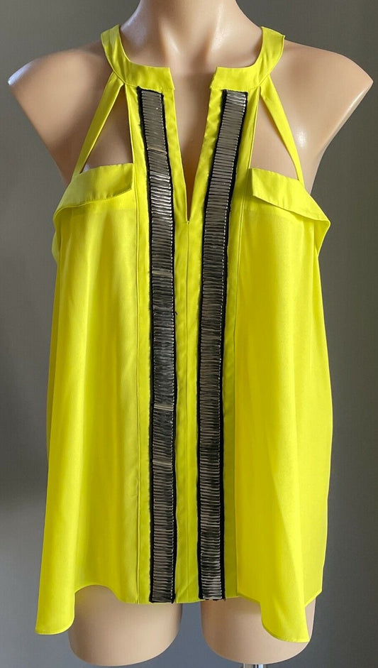 WAYNE COOPER Top Sleeveless Neon Yellow Cut Out Blouse Silver Beaded Size 16