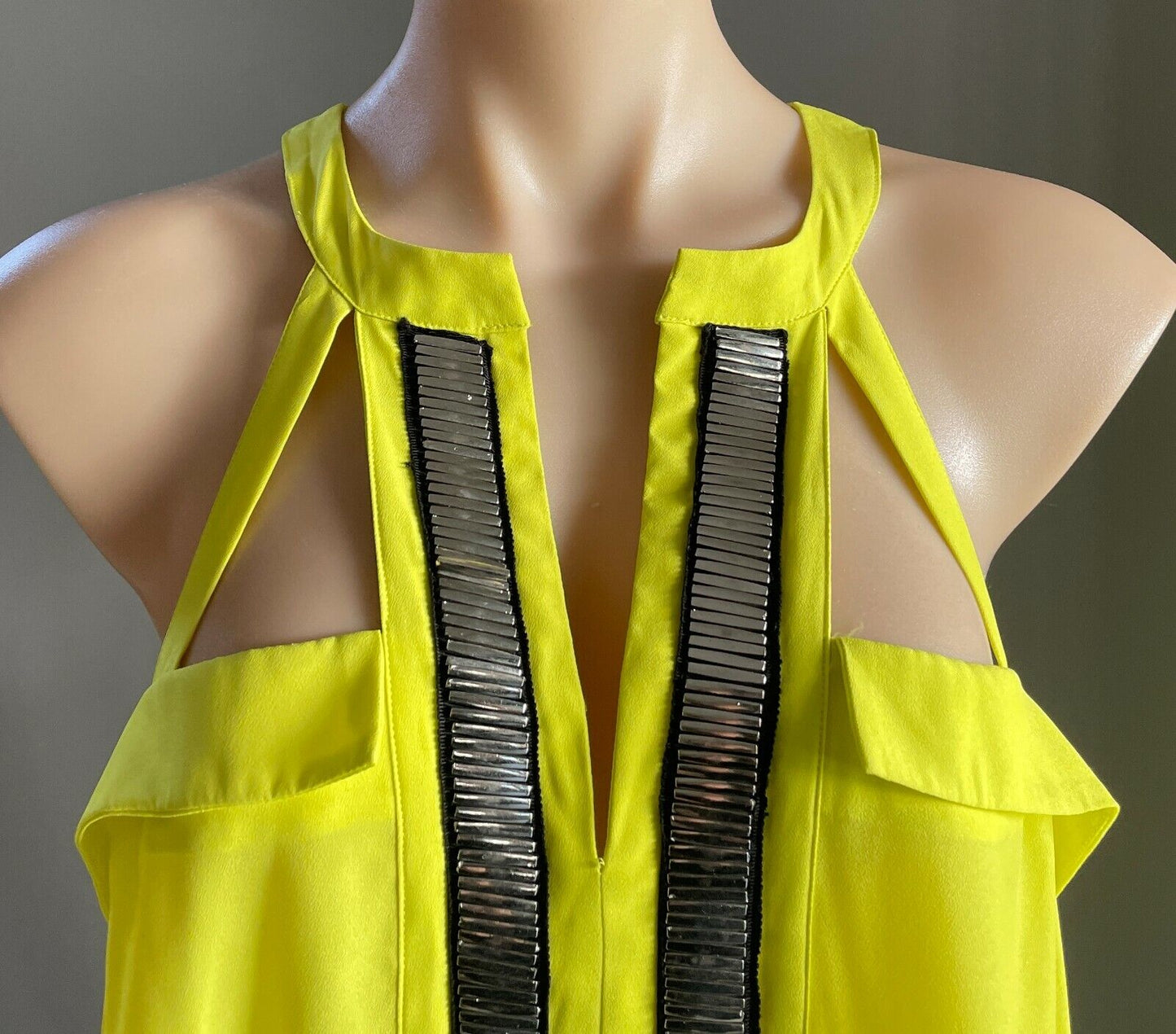WAYNE COOPER Top Sleeveless Neon Yellow Cut Out Blouse Silver Beaded Size 16