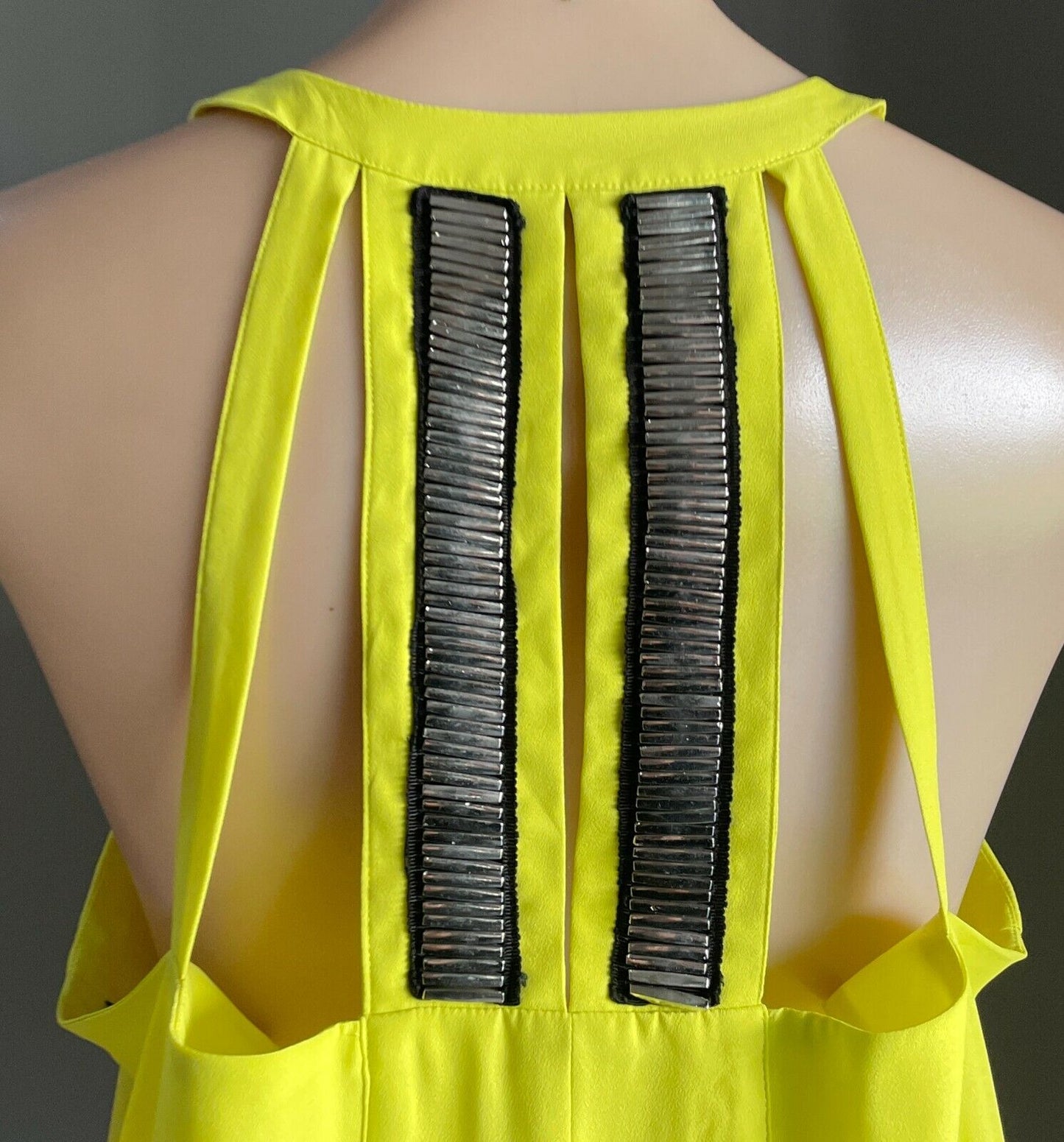 WAYNE COOPER Top Sleeveless Neon Yellow Cut Out Blouse Silver Beaded Size 16