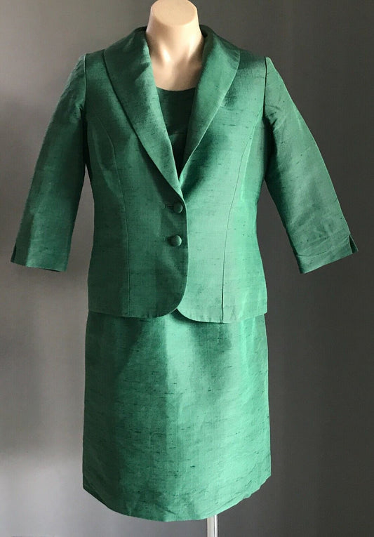 1990's Twin Set Dress & Jacket Green Thai Silk Handmade Tailored Sheath Sz 14 16