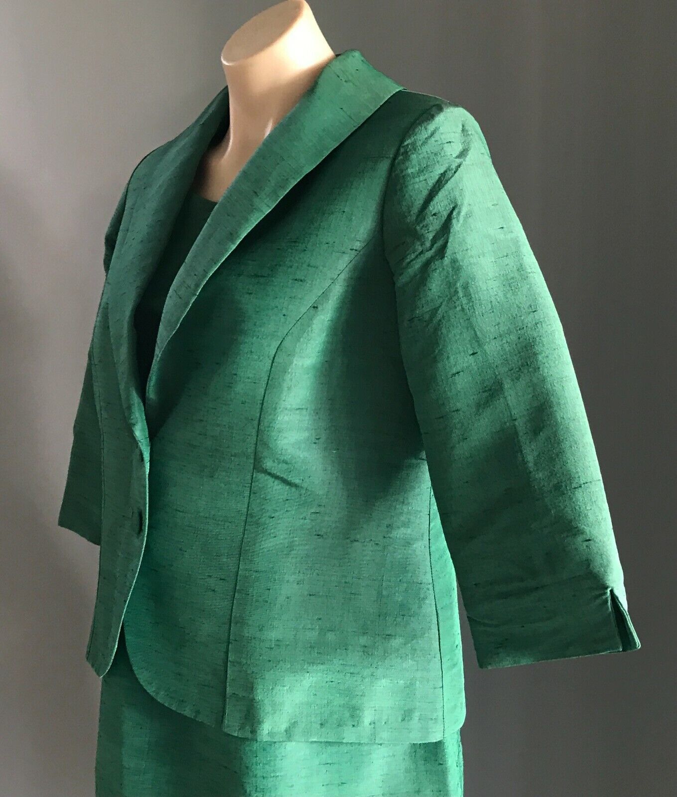 1990's Twin Set Dress & Jacket Green Thai Silk Handmade Tailored Sheath Sz 14 16