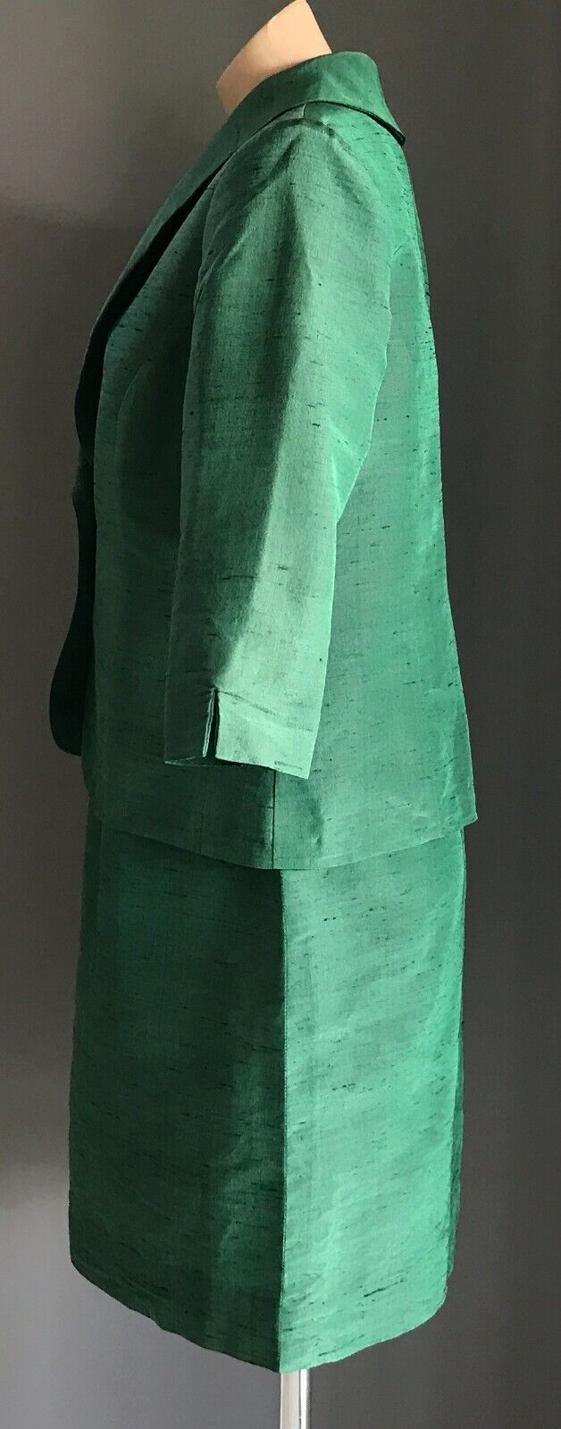 1990's Twin Set Dress & Jacket Green Thai Silk Handmade Tailored Sheath Sz 14 16