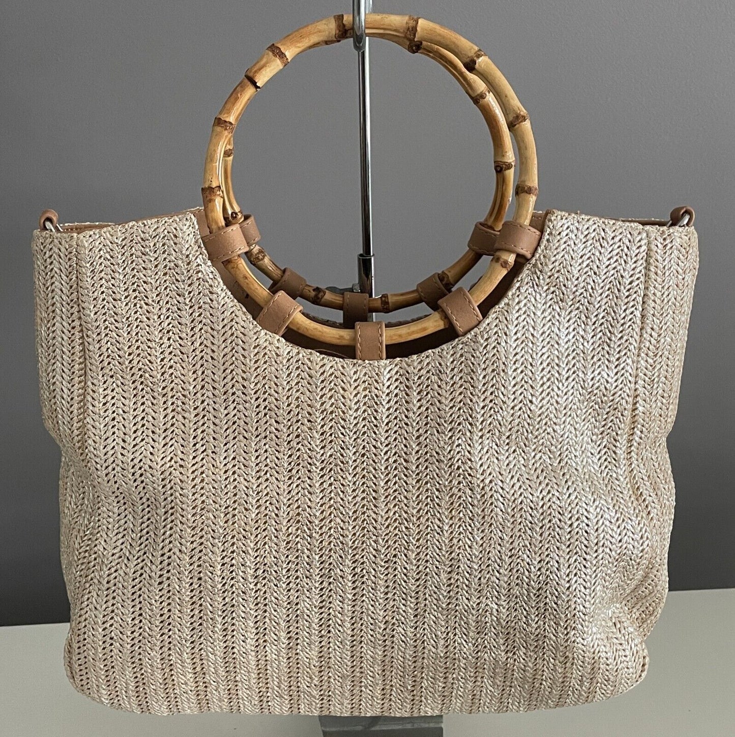 Tote Bag SUSSAN Silver Hue Straw Shopper Cane Handles PU Trim