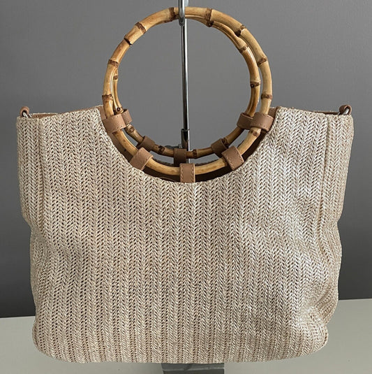 Tote Bag SUSSAN Silver Hue Straw Shopper Cane Handles PU Trim