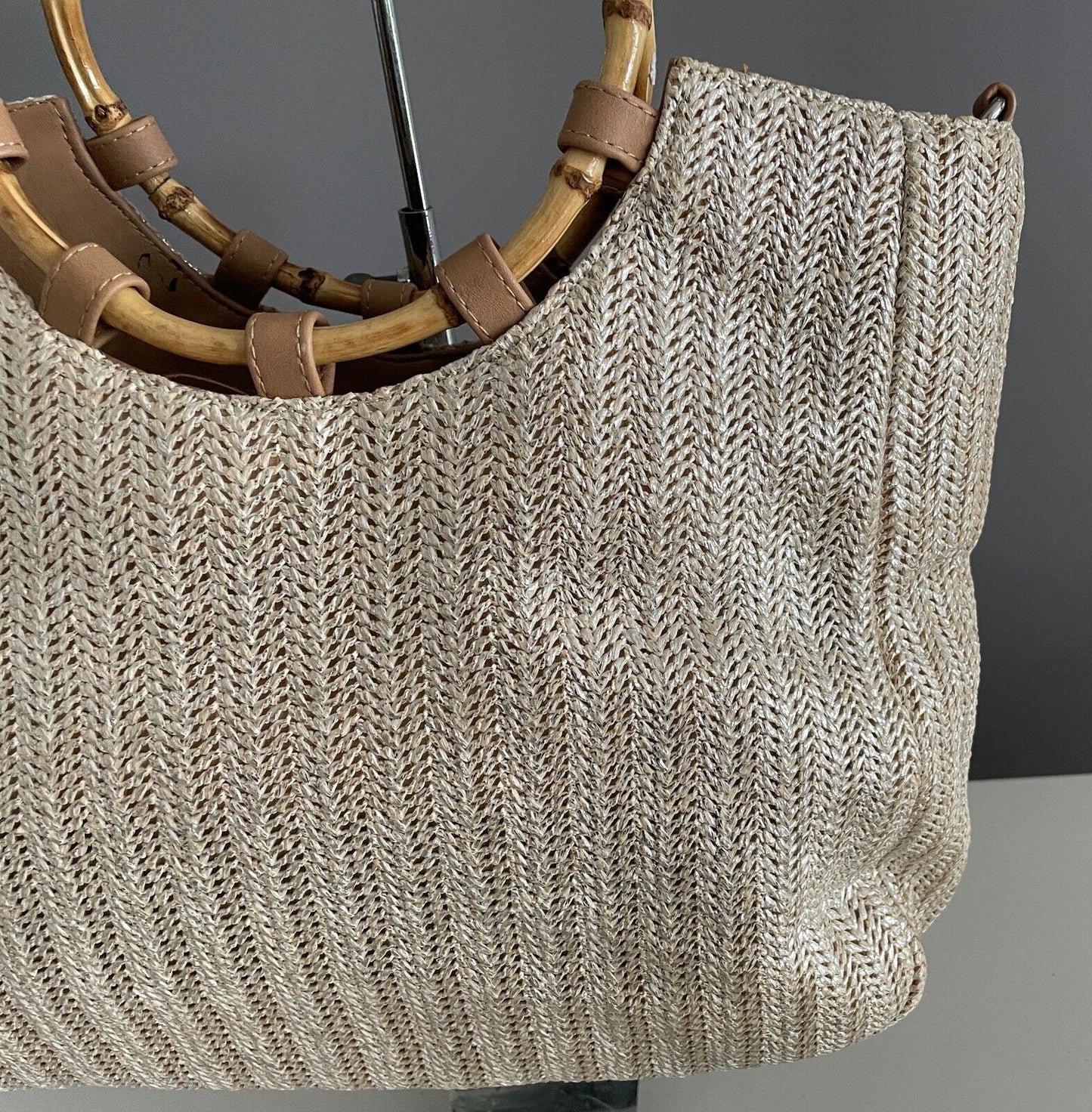 Tote Bag SUSSAN Silver Hue Straw Shopper Cane Handles PU Trim