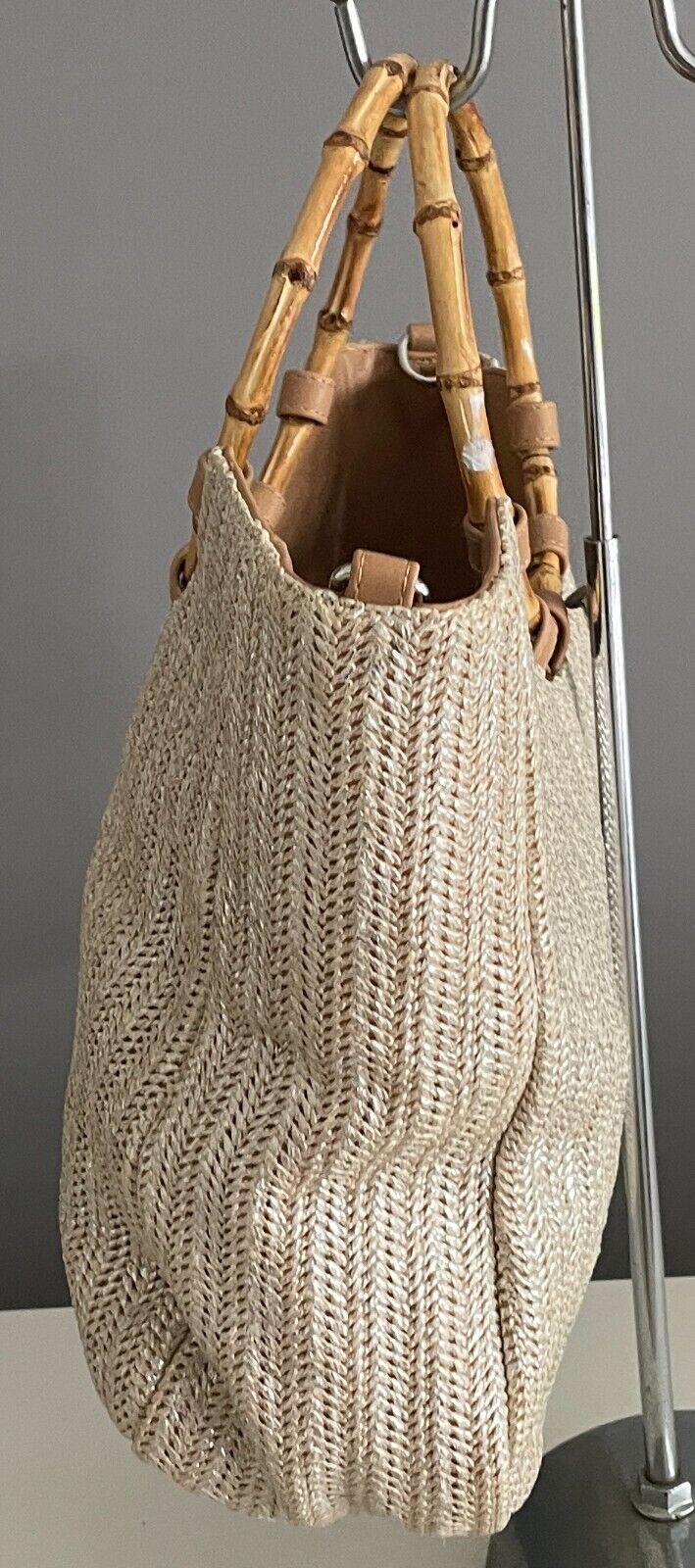 Tote Bag SUSSAN Silver Hue Straw Shopper Cane Handles PU Trim