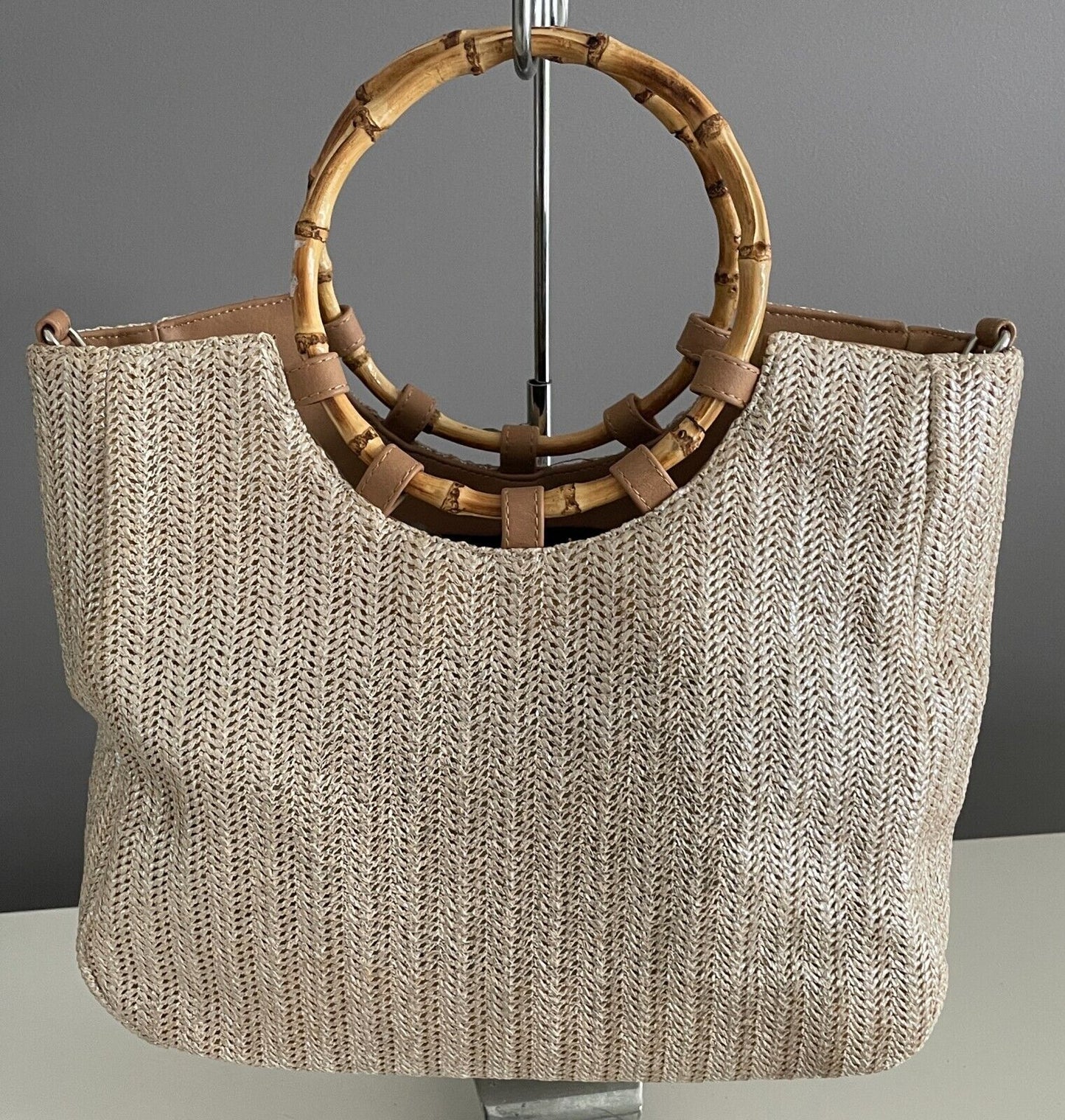 Tote Bag SUSSAN Silver Hue Straw Shopper Cane Handles PU Trim