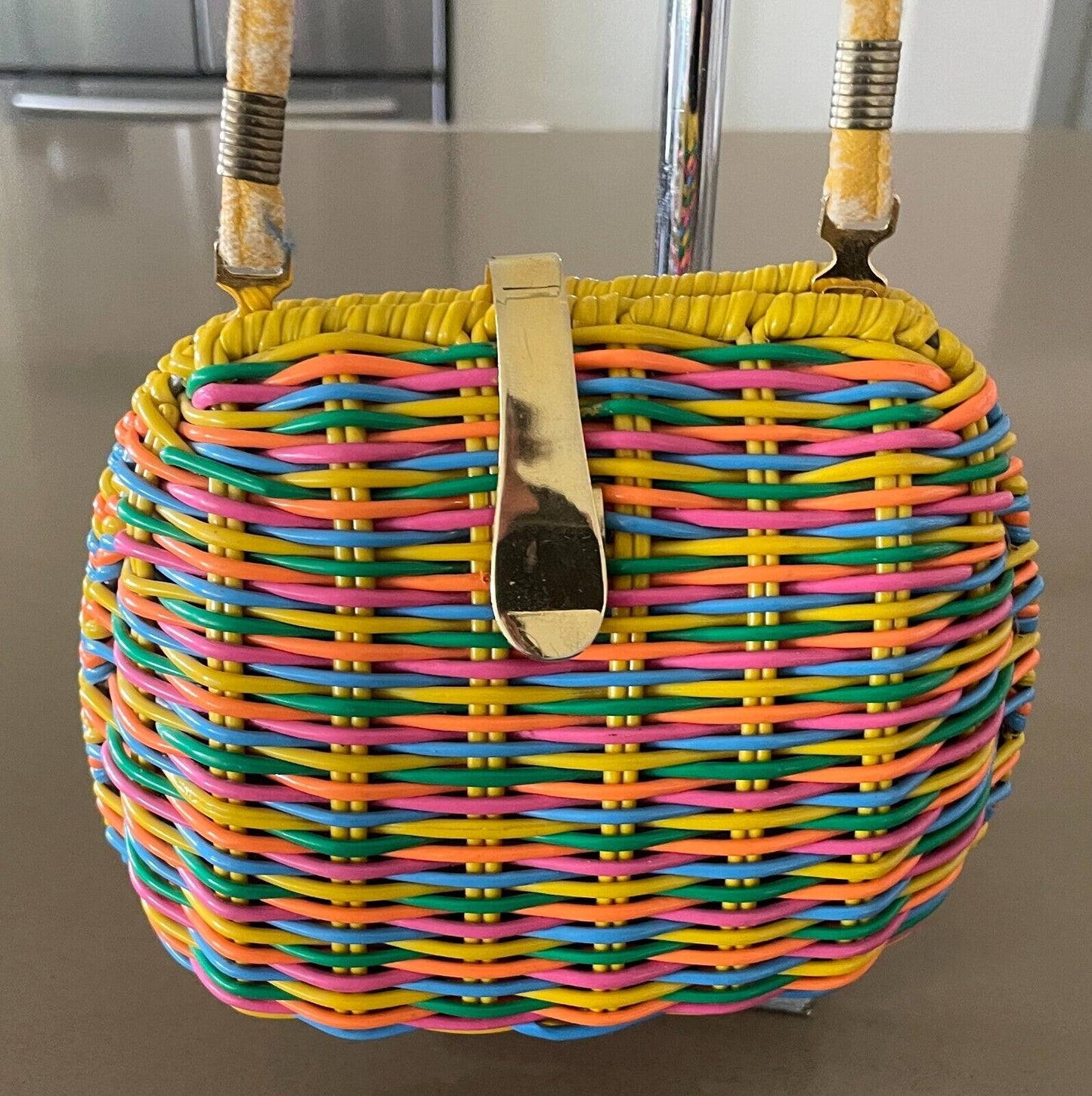 Shoulder Bag Vintage 1980's Rattan Coated PVC Bright Orange Yellow Woven Clutch