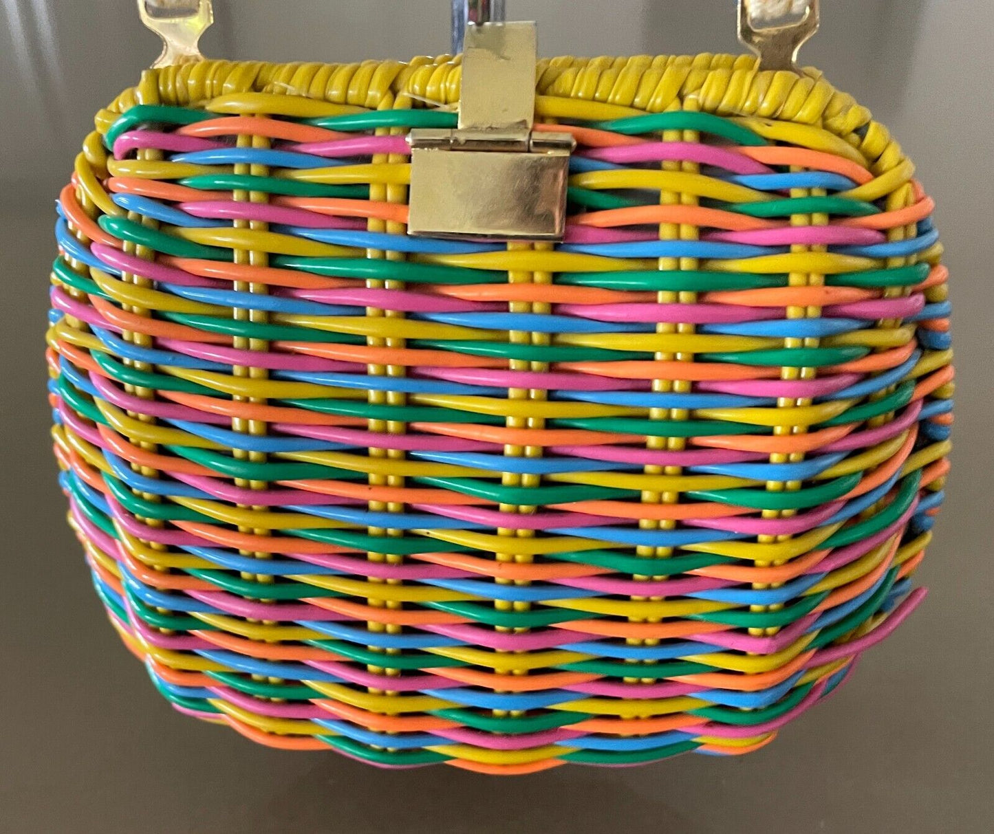 Shoulder Bag Vintage 1980's Rattan Coated PVC Bright Orange Yellow Woven Clutch