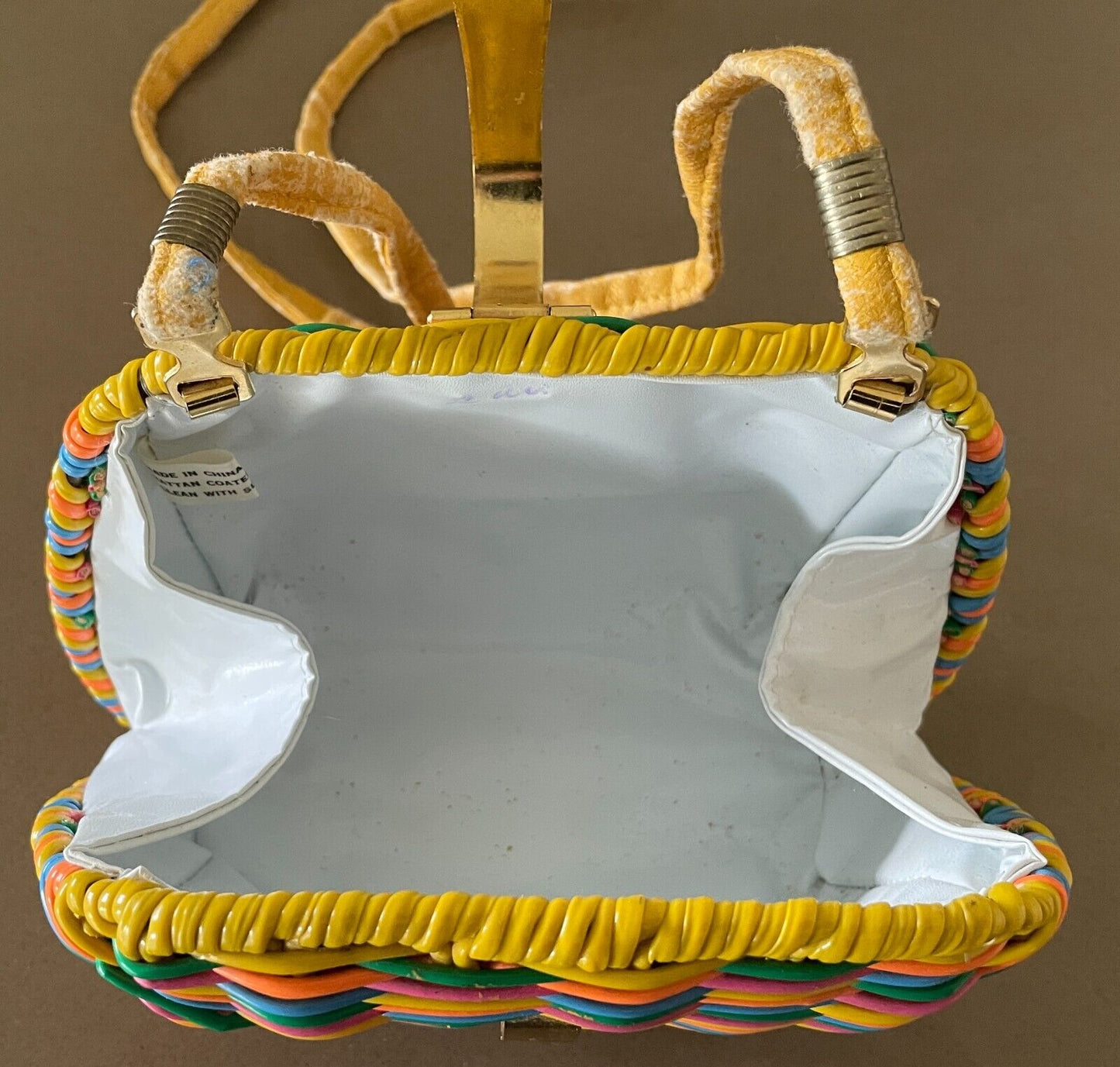 Shoulder Bag Vintage 1980's Rattan Coated PVC Bright Orange Yellow Woven Clutch
