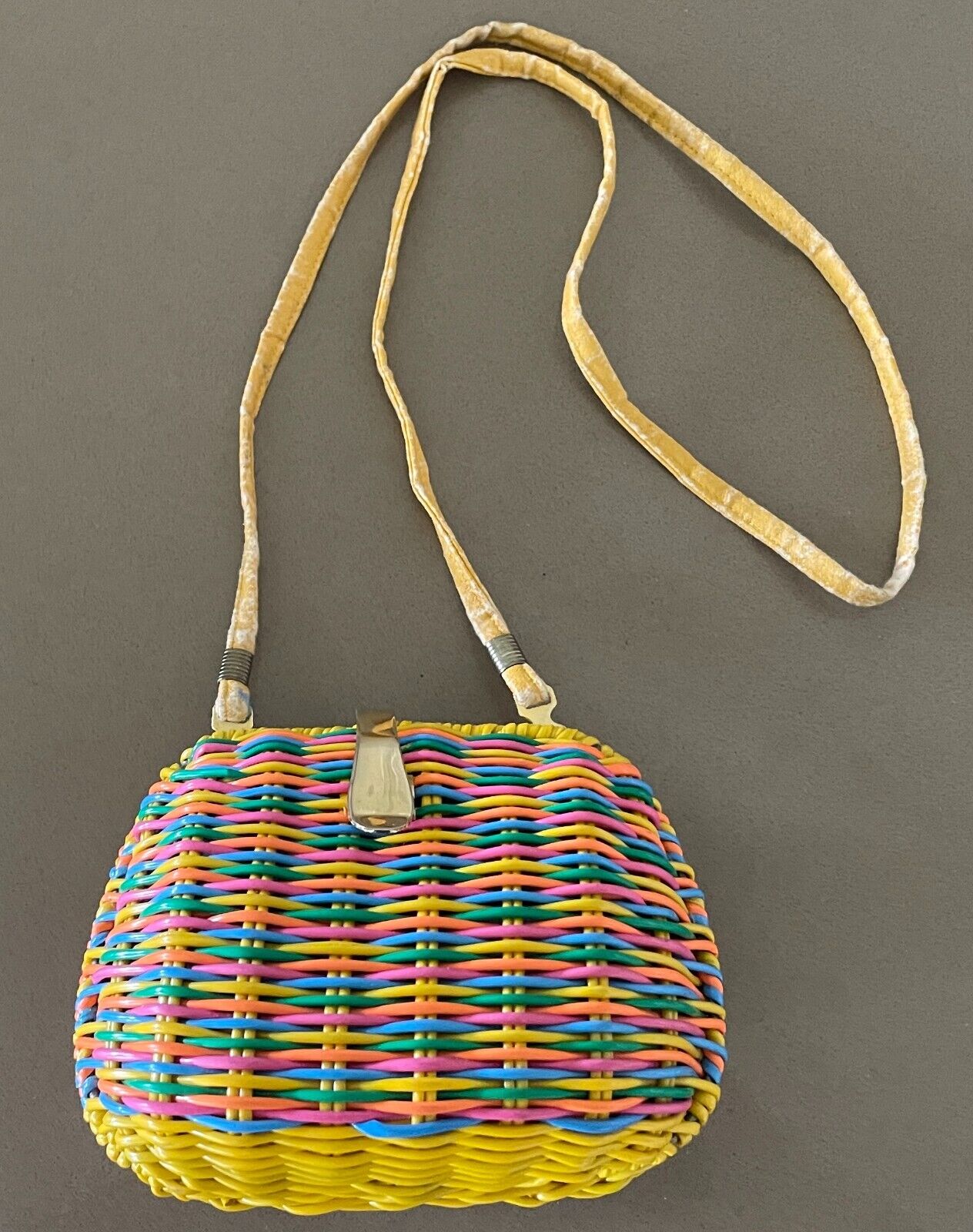 Shoulder Bag Vintage 1980's Rattan Coated PVC Bright Orange Yellow Woven Clutch