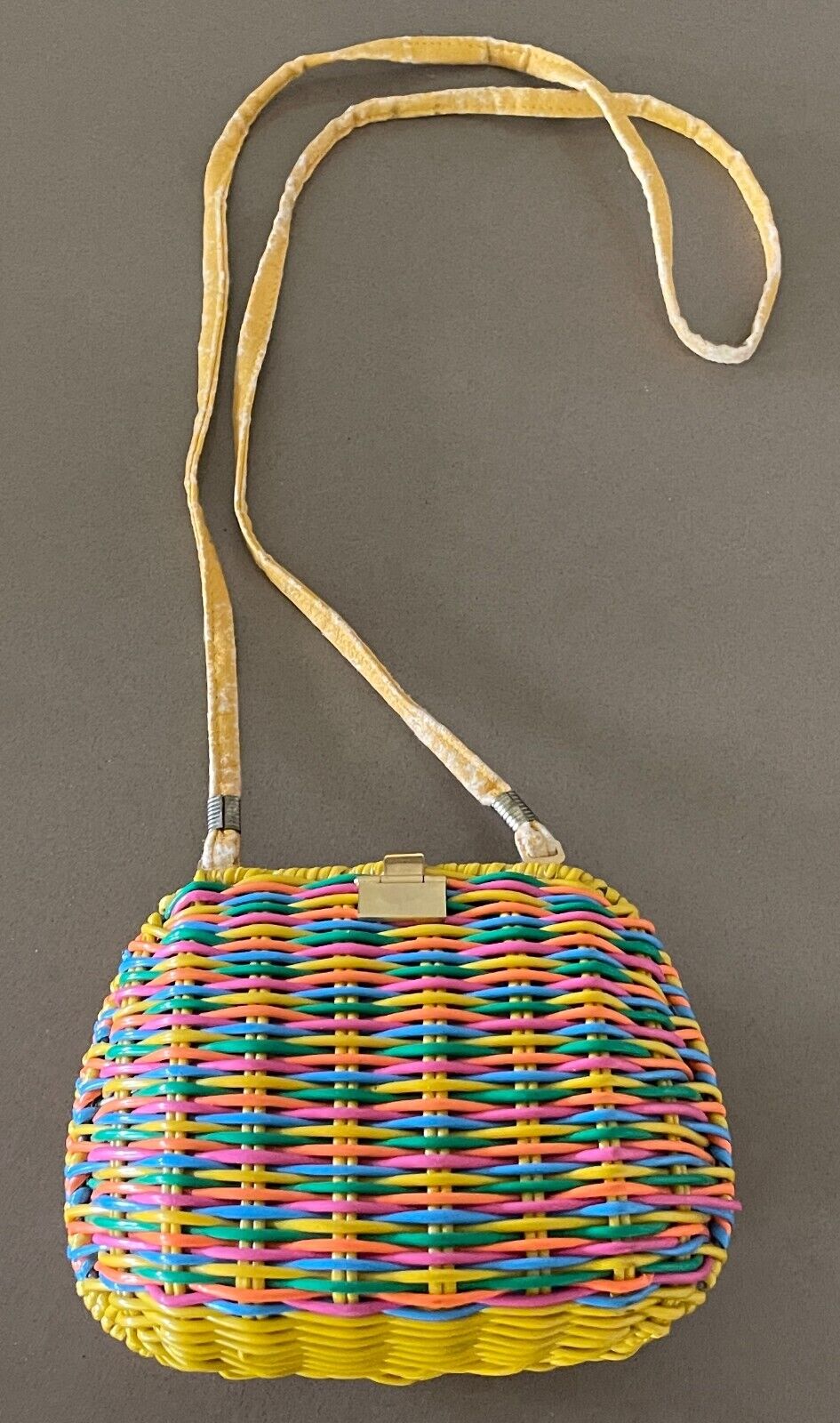 Shoulder Bag Vintage 1980's Rattan Coated PVC Bright Orange Yellow Woven Clutch