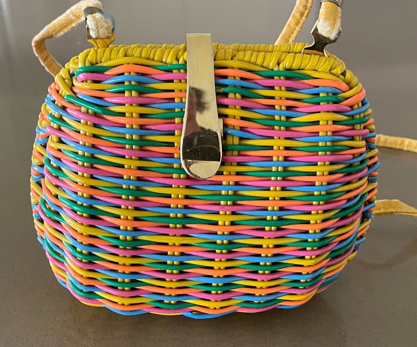 Shoulder Bag Vintage 1980's Rattan Coated PVC Bright Orange Yellow Woven Clutch