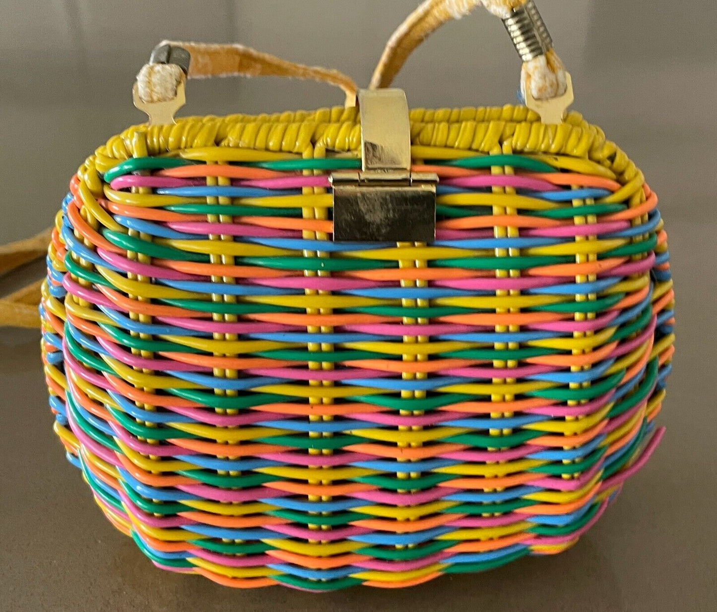 Shoulder Bag Vintage 1980's Rattan Coated PVC Bright Orange Yellow Woven Clutch