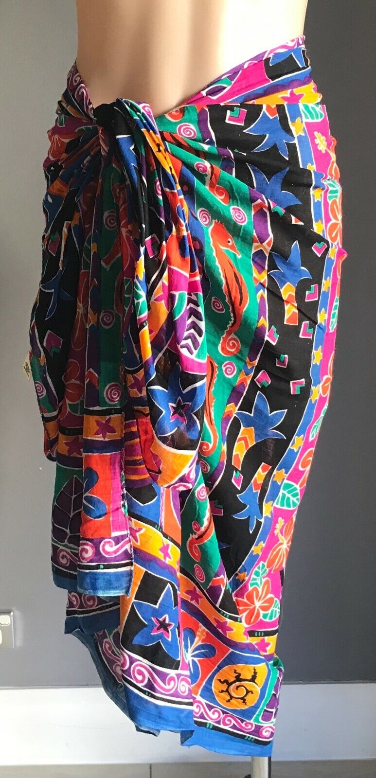 SARONG TIE RACK Cotton Wrap Skirt Rolled Hem  Bright Colourful Sea Animal Print