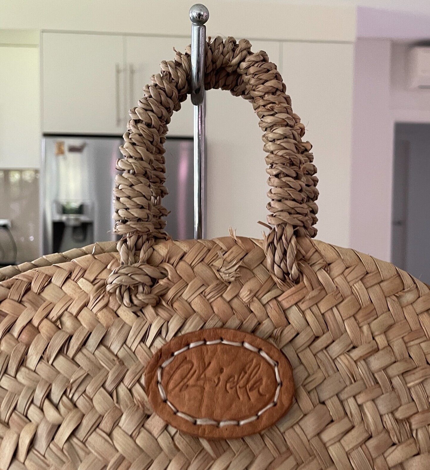 OLLI ELLA Round Shoulder Bag Natural Woven Rattan Tote Shopper Double Handles