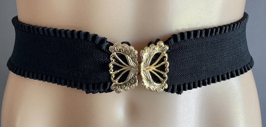 Ladies Belt Elastic Wide Black Ruffle Gold Interlocking Buckle Sz 12  14