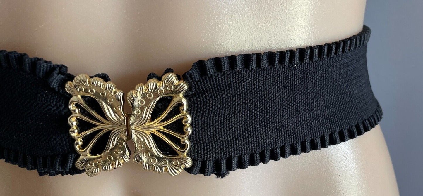 Ladies Belt Elastic Wide Black Ruffle Gold Interlocking Buckle Sz 12  14