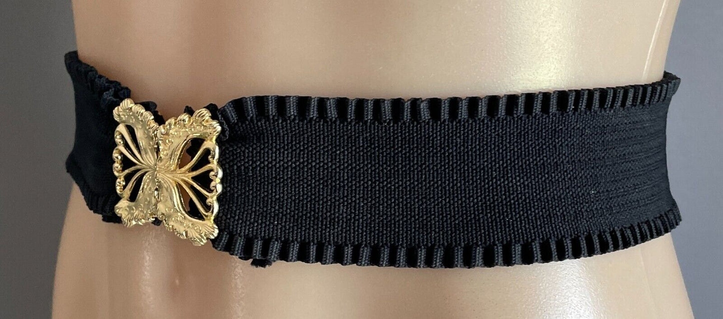 Ladies Belt Elastic Wide Black Ruffle Gold Interlocking Buckle Sz 12  14