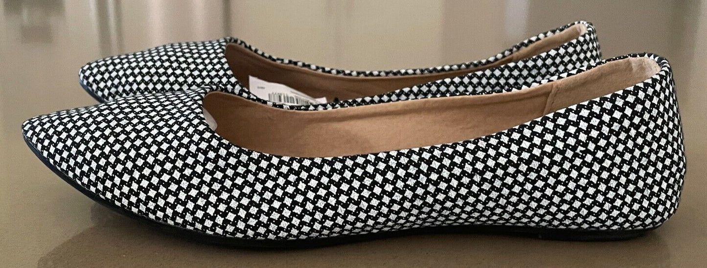 NOW Ballet Flats Black White Woven Check Fabric Shoes Slip Ons Size 7 NEW